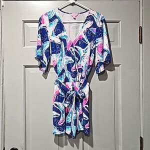 Lilly Pulitzer S Madilyn Romper Indigo Sea Star Struck Blue Pink White Belted